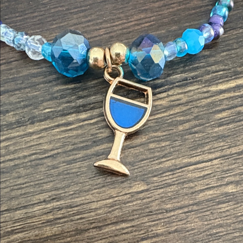 Elegant Blue Beaded Bracelet with Wine Glass Charm